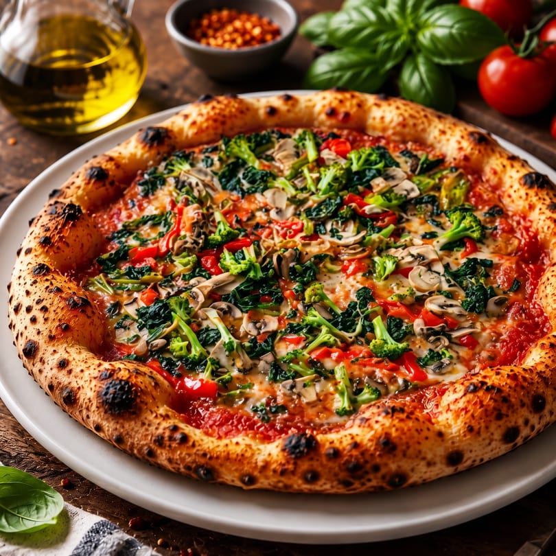A vibrant vegetable pizza with broccoli, mushrooms, spinach, and red peppers on a white plate.