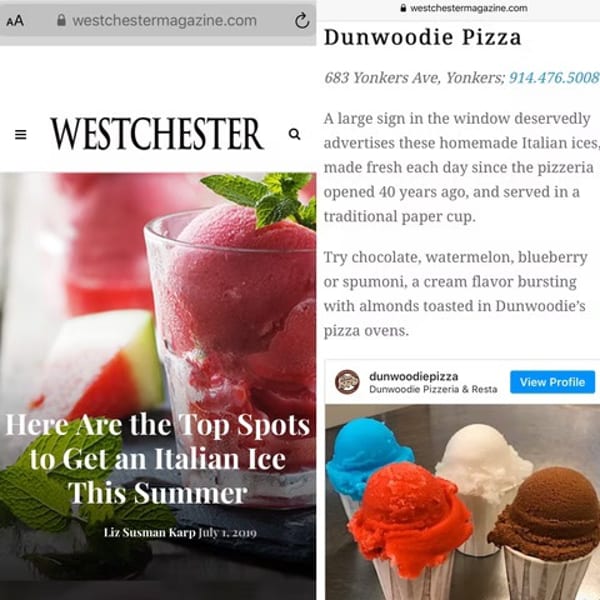 A website article about Italian ices, showing a glass of red Italian ice with mint and watermelon.