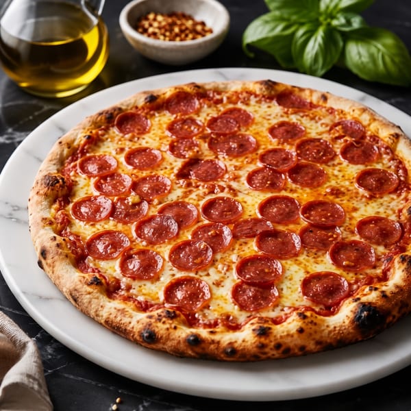 Pepperoni pizza on a white marble plate, with olive oil, chili flakes, and basil in the background.