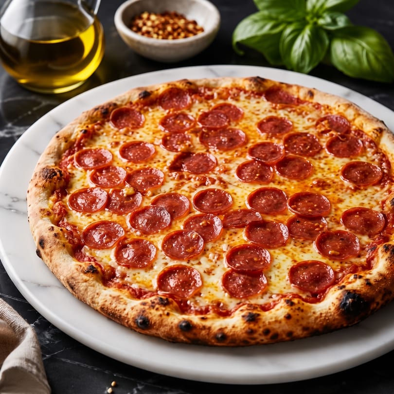 Pepperoni pizza on a white marble plate, with olive oil, chili flakes, and basil in the background.