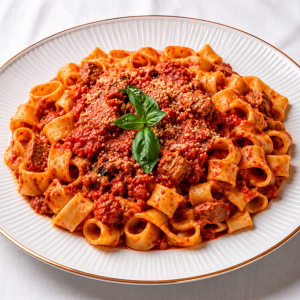 Close-up of a white plate filled with pasta in red sauce, garnished with basil and cheese.