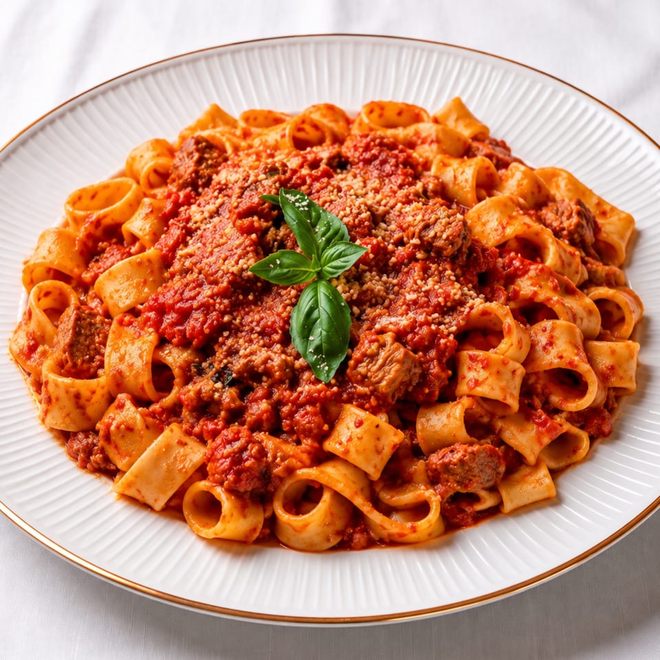 Close-up of a white plate filled with pasta in red sauce, garnished with basil and cheese.