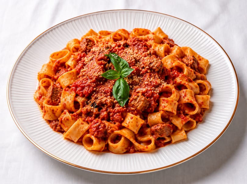 Close-up of a white plate filled with pasta in red sauce, garnished with basil and cheese.