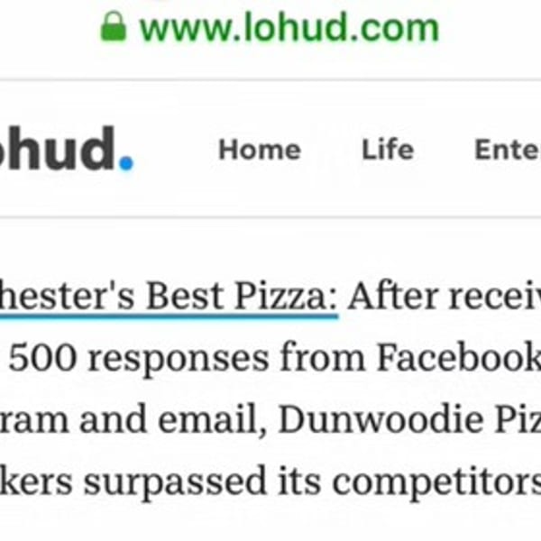 A Lohud.com article headline reads "Westchester's Best Pizza" featuring Dunwoodie Pizzeria.