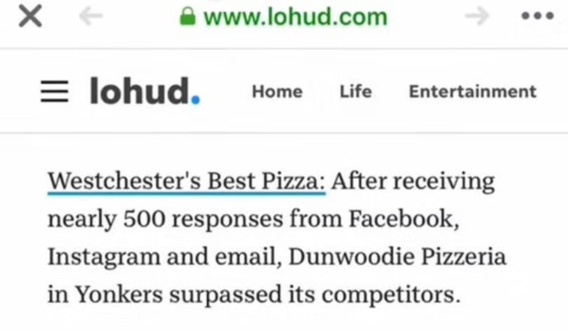 A Lohud.com article headline reads "Westchester's Best Pizza" featuring Dunwoodie Pizzeria.