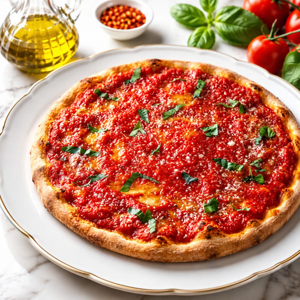 Neapolitan pizza with vibrant red tomato sauce, fresh basil, and grated cheese on a white plate.