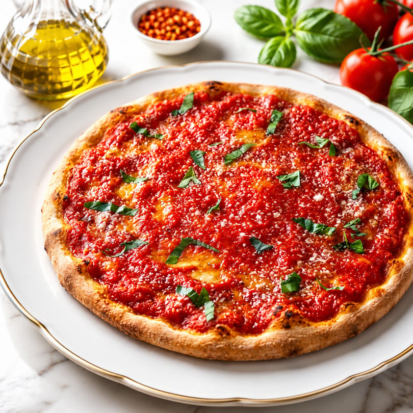 Neapolitan pizza with vibrant red tomato sauce, fresh basil, and grated cheese on a white plate.