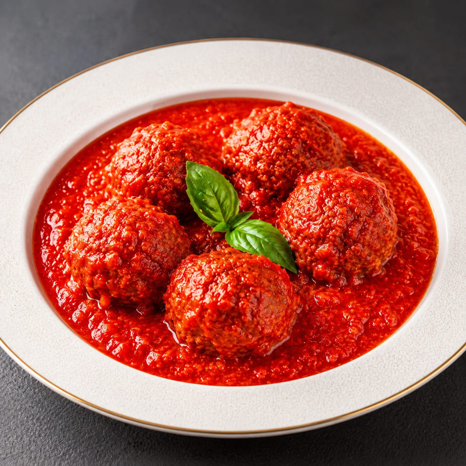 Five meatballs in rich red marinara sauce, garnished with a fresh basil leaf in a white bowl.