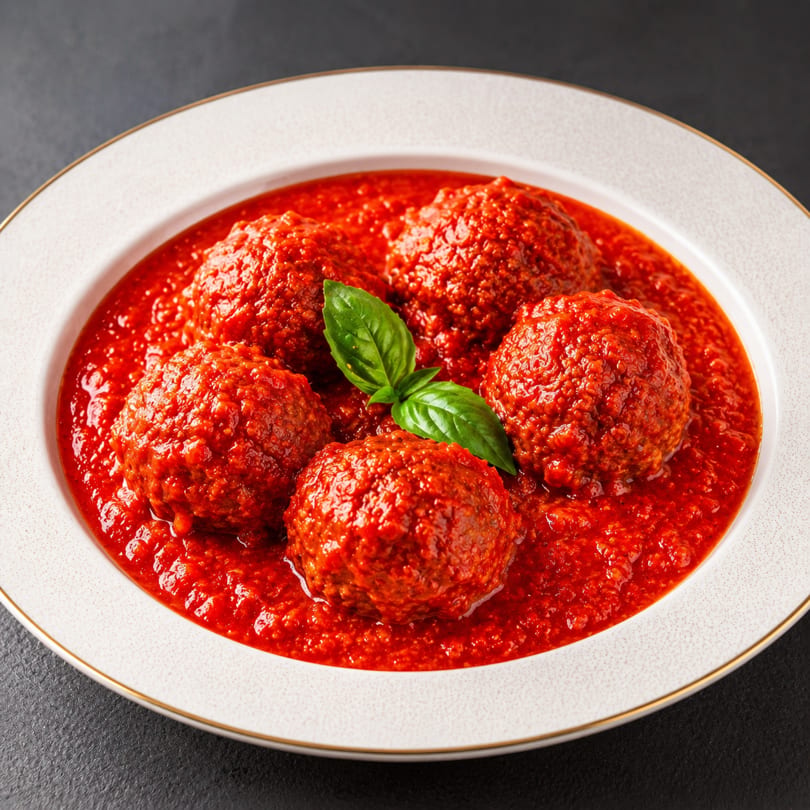 Five meatballs in rich red marinara sauce, garnished with a fresh basil leaf in a white bowl.